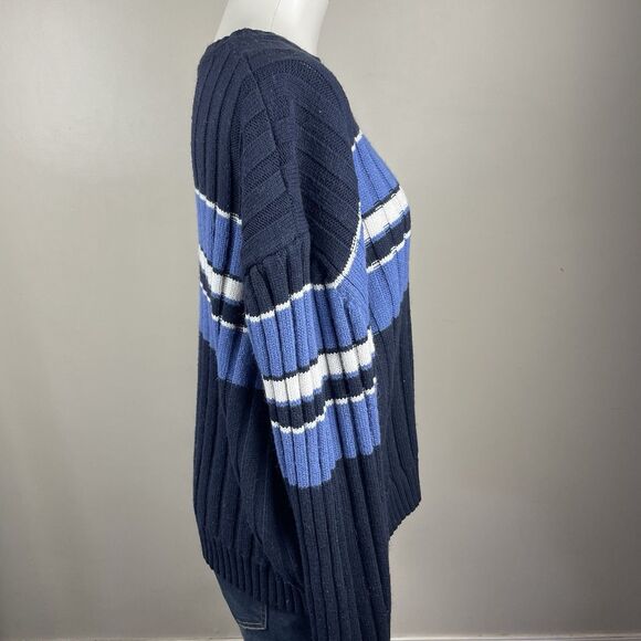 Retro 90s Style Blue Crewneck Chunky Stripe Sweater Coastal Preppy - Picture 2 of 6
